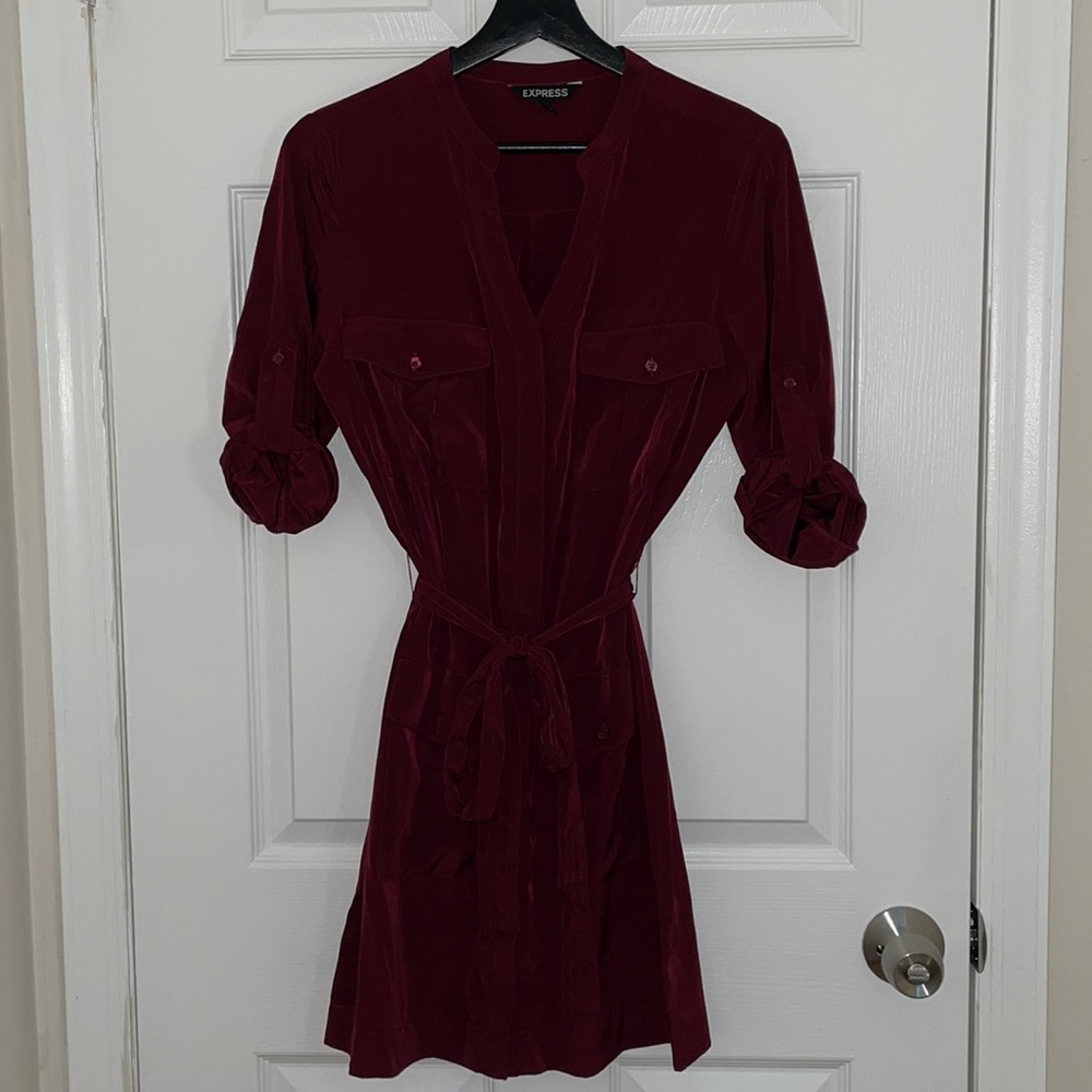 Express burgundy belted shirt dress